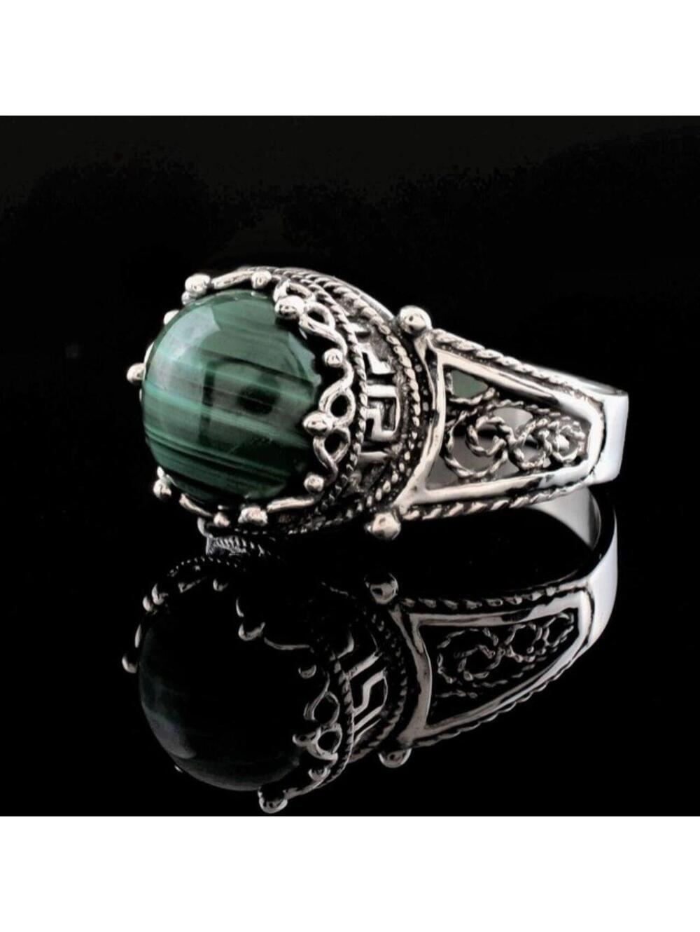 Art Greek Key Malachite Women's Silver Cocktail Ring